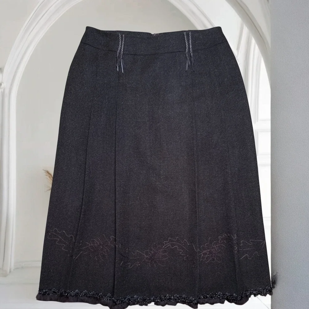 Forwear New York Midi Lined Pleated Skirt Sz 10 Beaded‎ Fur Trim A-Line Boho